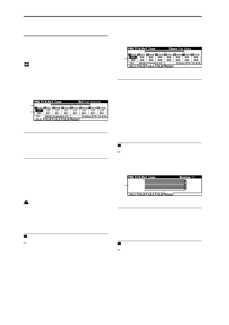 Multi 6: vel zone (velocity zone), 1: vel (velocity zone t01-08), 2: vel (velocity zone t09-16) | 3: slp (velocity slope t01-08), 4: slp (velocity slope t09-16), 5: review, 6–1: vel (velocity zone t01–08), 6–2: vel (velocity zone t09–16), 6–3: slp (velocity slope t01–08), 6–4: slp (velocity slope t09–16) | KORG MICROX X50 User Manual | Page 75 / 194