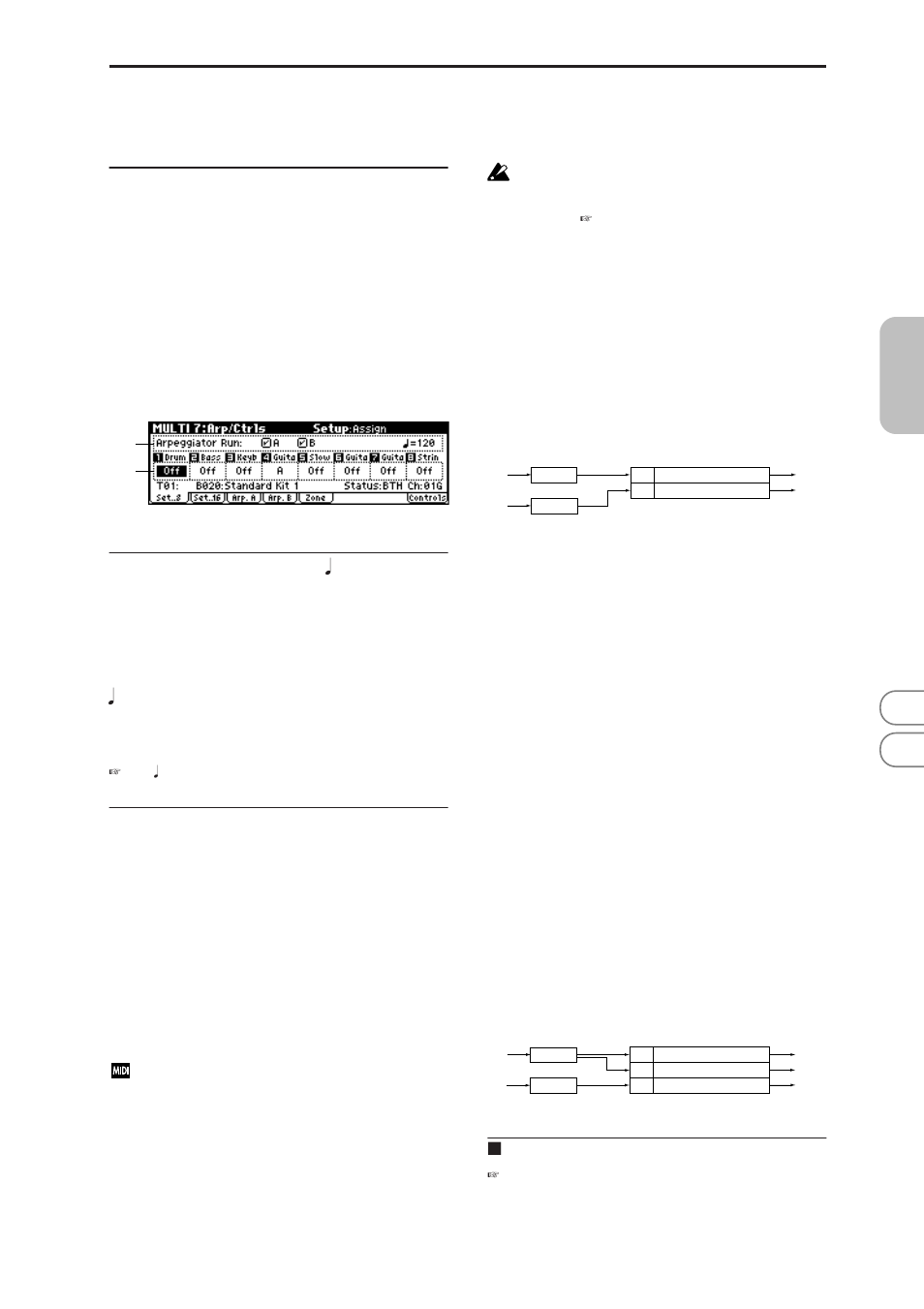 Multi 7: arp/ctrls (arpeggiator/controls), 1: set (setup t01-08), 2: set (setup t09-16) | 7–1: set (setup t01–08), 7–2: set (setup t09–16), P.69), Multi 7: arp/ctrls, 7–1: set, 7–2: set, 7–1(2)a: arpeggiator run, (tempo) | KORG MICROX X50 User Manual | Page 76 / 194