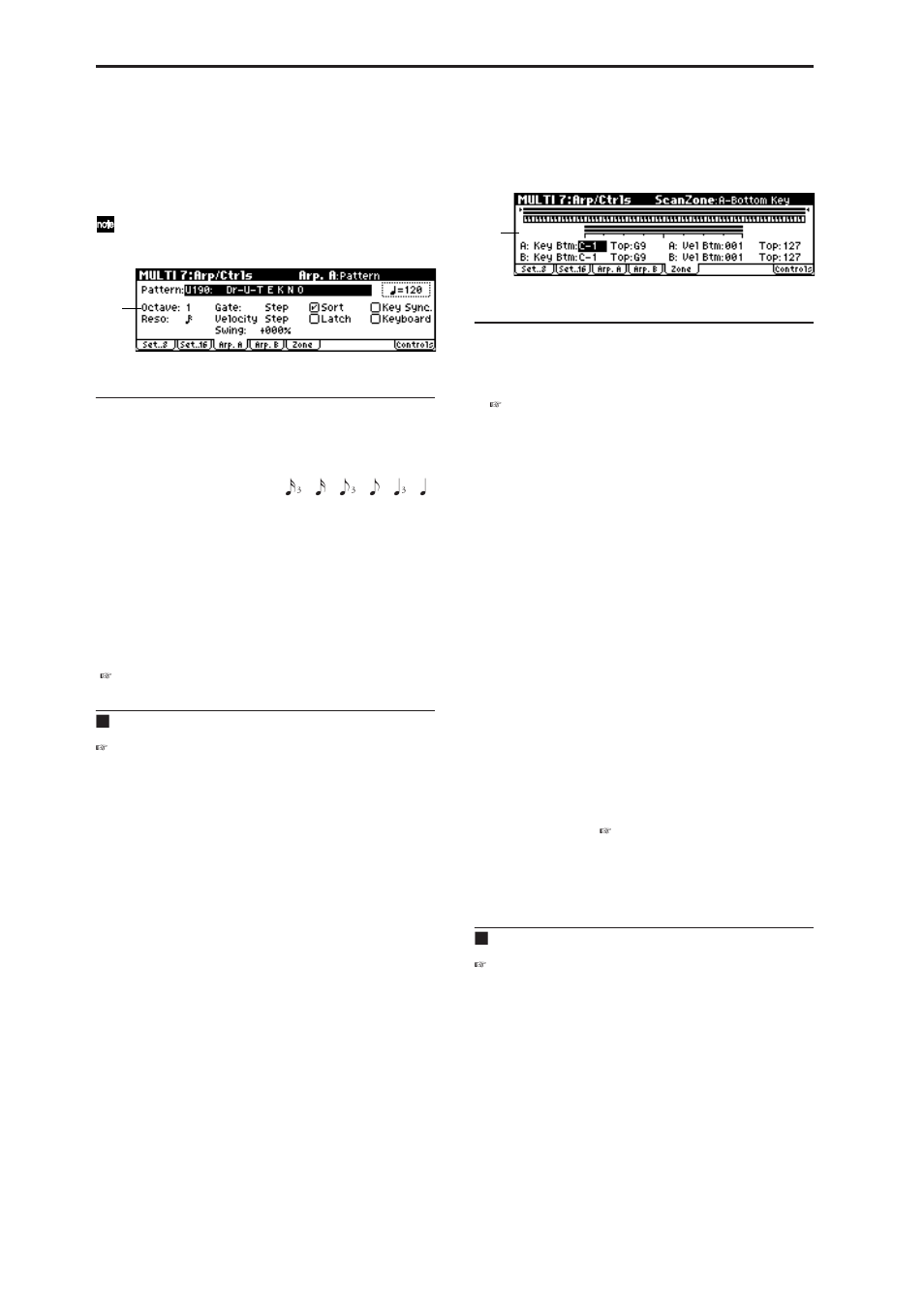 3: arp. a (arpeggiator a), 4: arp. b (arpeggiator b), 5: zone (scan zone) | 7–3: arp. a (arpeggiator a), 7–4: arp. b (arpeggiator b), 7–5: zone (scan zone), 7–3: arp. a, 7–4: arp. b, 7–5: zone | KORG MICROX X50 User Manual | Page 77 / 194