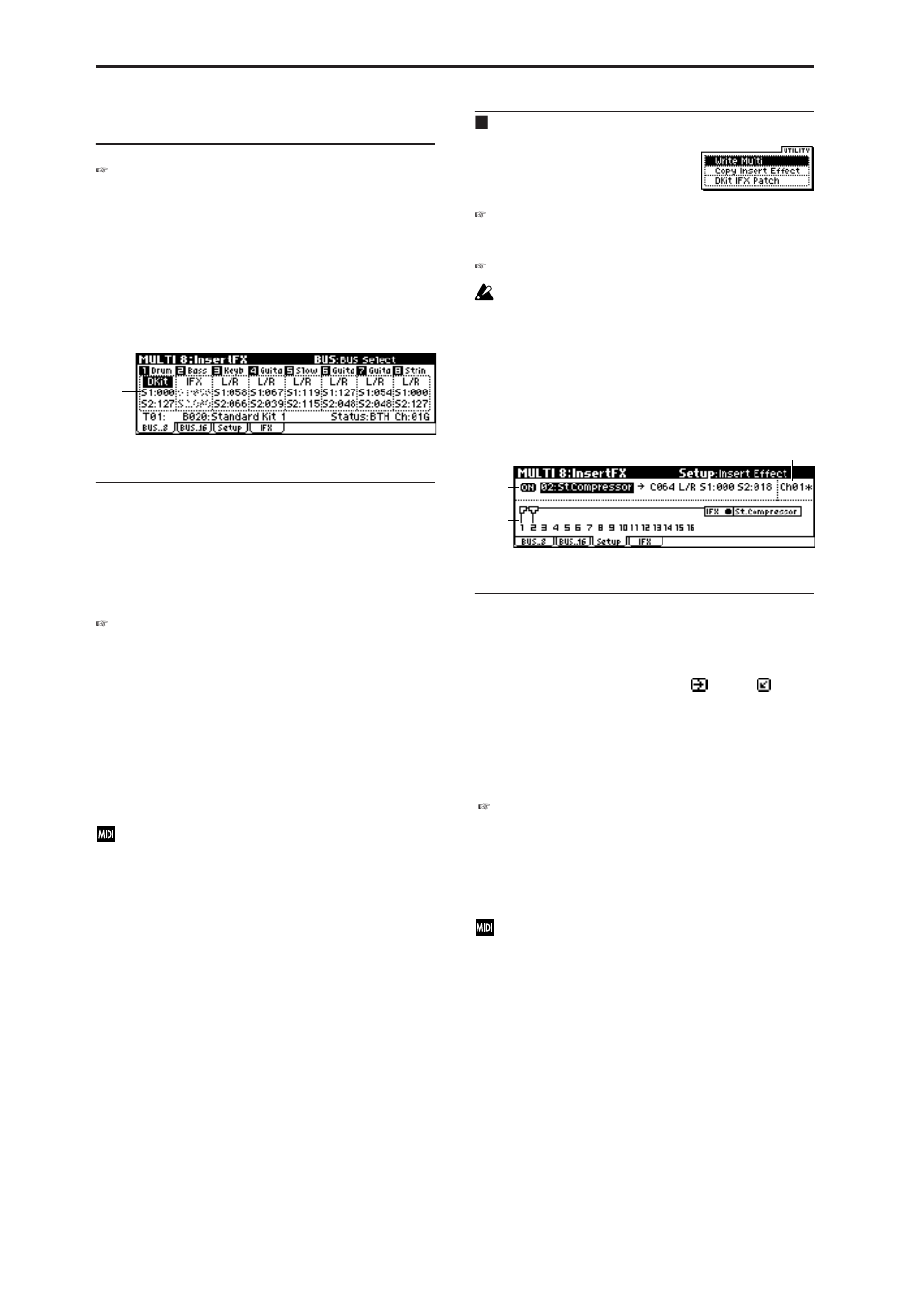 Multi 8: insertfx, 1: bus (bus t01 ), 2: bus (bus t09 ) | 3: setup, 8–1: bus (bus t01 ), 8–2: bus (bus t09 ), 8–3: setup, P.72), 8–1: bus, 8–2: bus | KORG MICROX X50 User Manual | Page 79 / 194