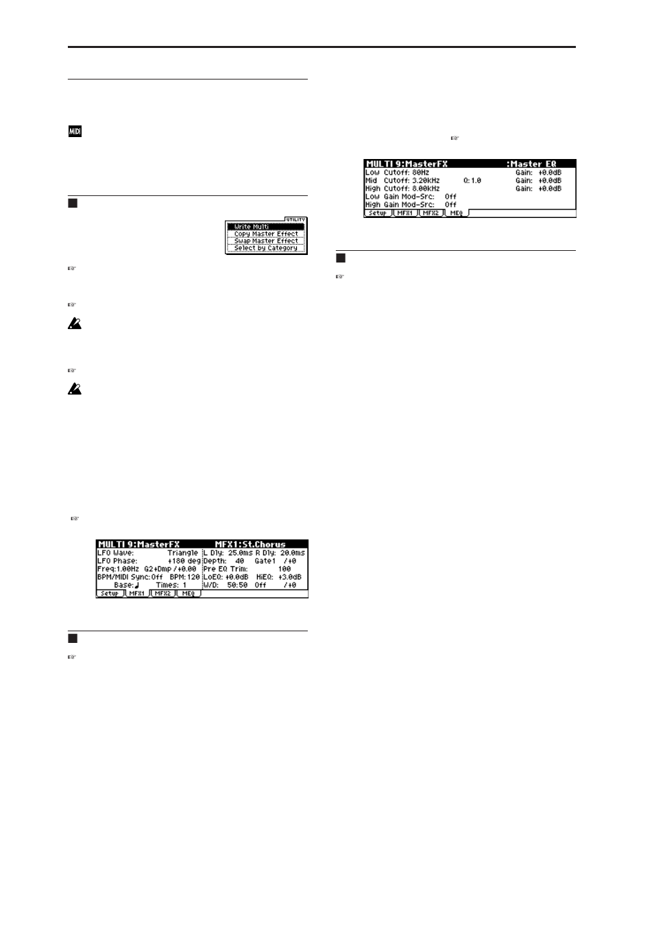 2: mfx1 (master effect1), 3: mfx2 (master effect2), 4: meq (master eq) | 9–2: mfx1 (master effect1), 9–3: mfx2 (master effect2), 9–4: meq (master eq), 9–2: mfx1, 9–3: mfx2, 9–4: meq | KORG MICROX X50 User Manual | Page 81 / 194