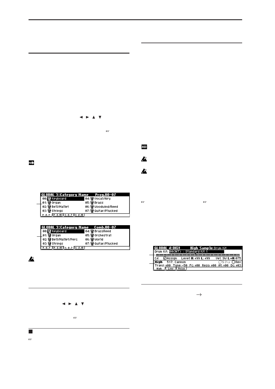 Global 3: category name, 1: p.0 (prog.00 ), 2: p.8 (prog.08 ) | 3: c.0 (comb.00 ), 4: c.8 (comb.08 ), Global 4: dkit (drum kit), 1: high (high sample), 3–1: p.0 (prog.00 ), 3–2: p.8 (prog.08 ), 3–3: c.0 (comb.00 ) | KORG MICROX X50 User Manual | Page 93 / 194