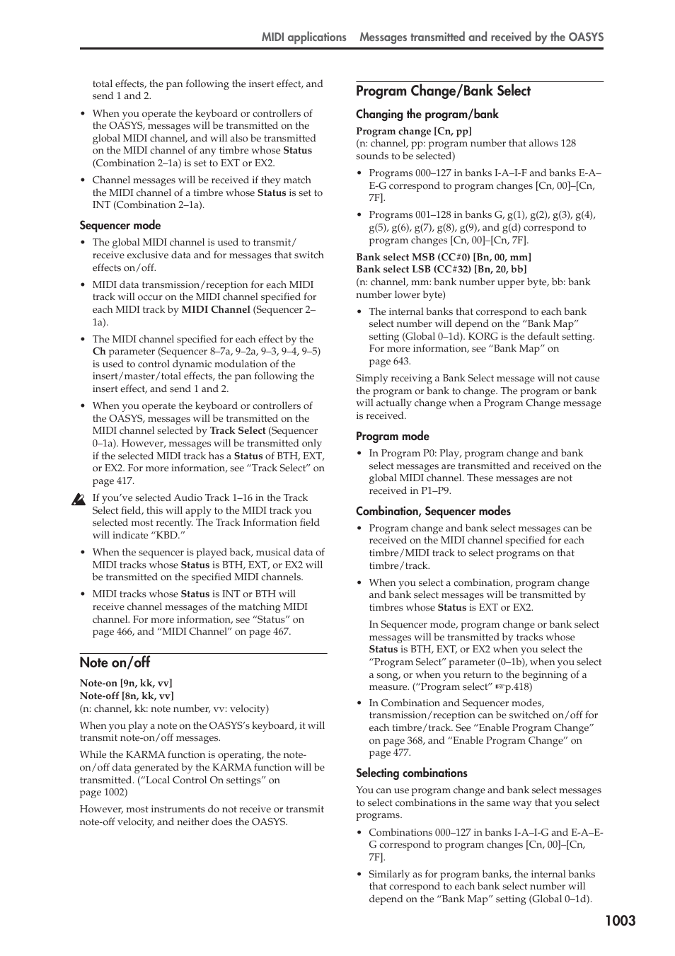 Note on/off, Program change/bank select | KORG Electronic Keyboard User Manual | Page 1013 / 1127