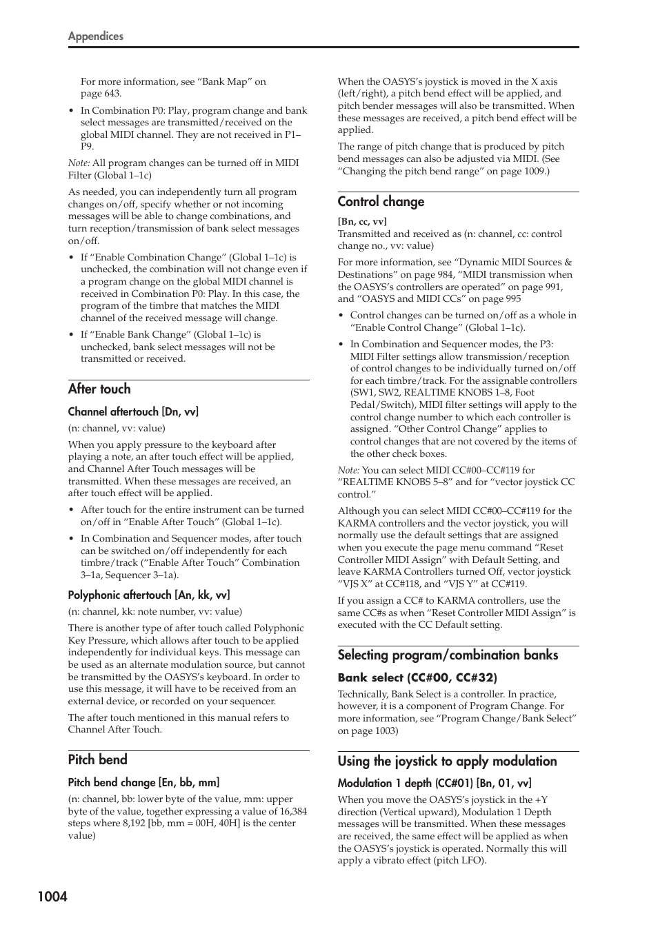 After touch, Pitch bend, Control change | Selecting program/combination banks, Using the joystick to apply modulation | KORG Electronic Keyboard User Manual | Page 1014 / 1127