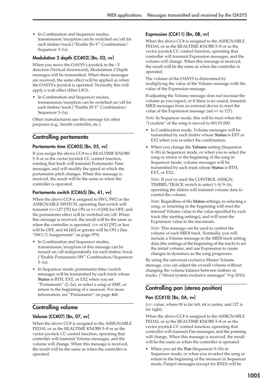 Controlling portamento, Controlling volume, Controlling pan (stereo position) | KORG Electronic Keyboard User Manual | Page 1015 / 1127