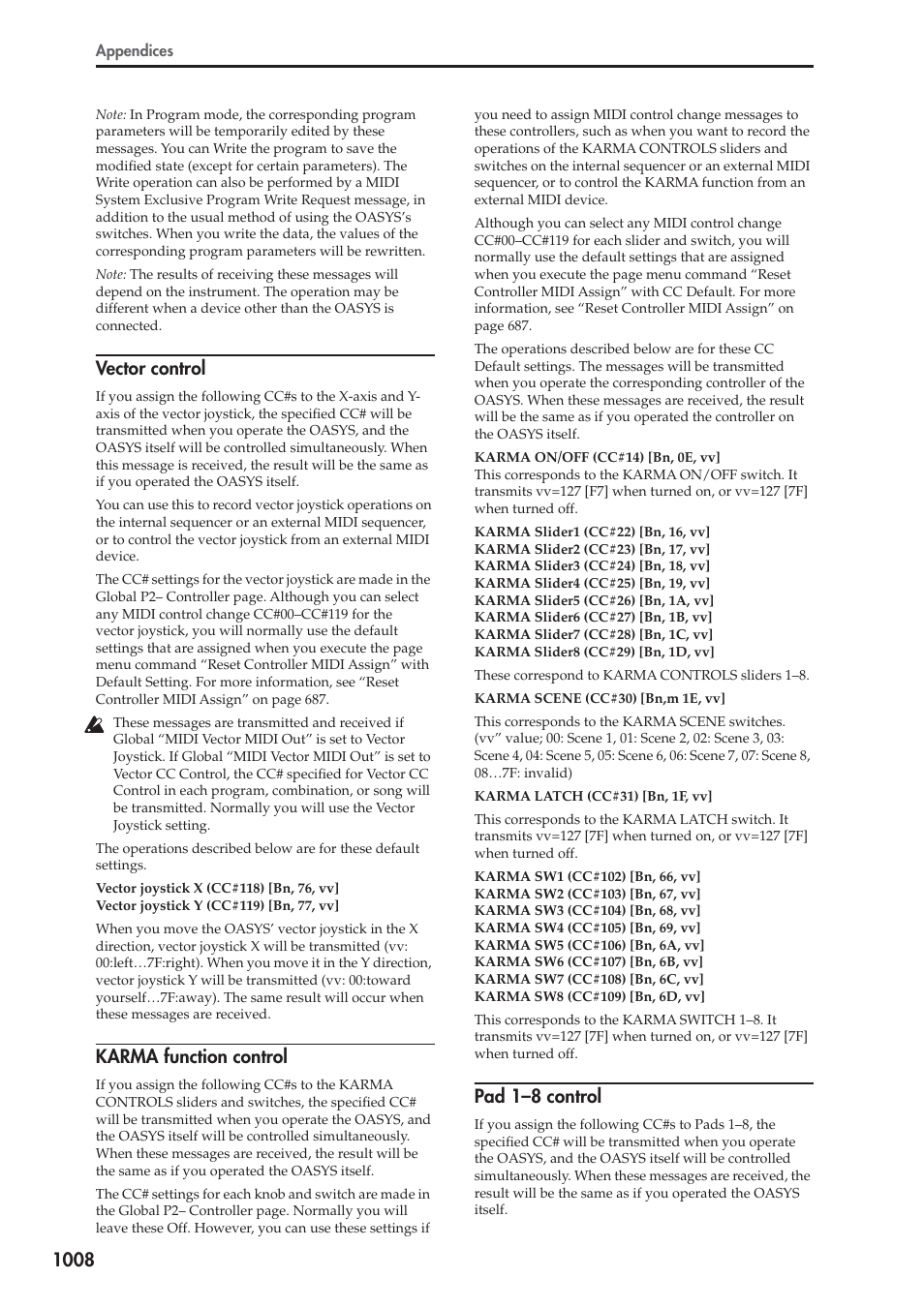 Vector control, Karma function control, Pad 1-8 control | Pad 1–8 control | KORG Electronic Keyboard User Manual | Page 1018 / 1127