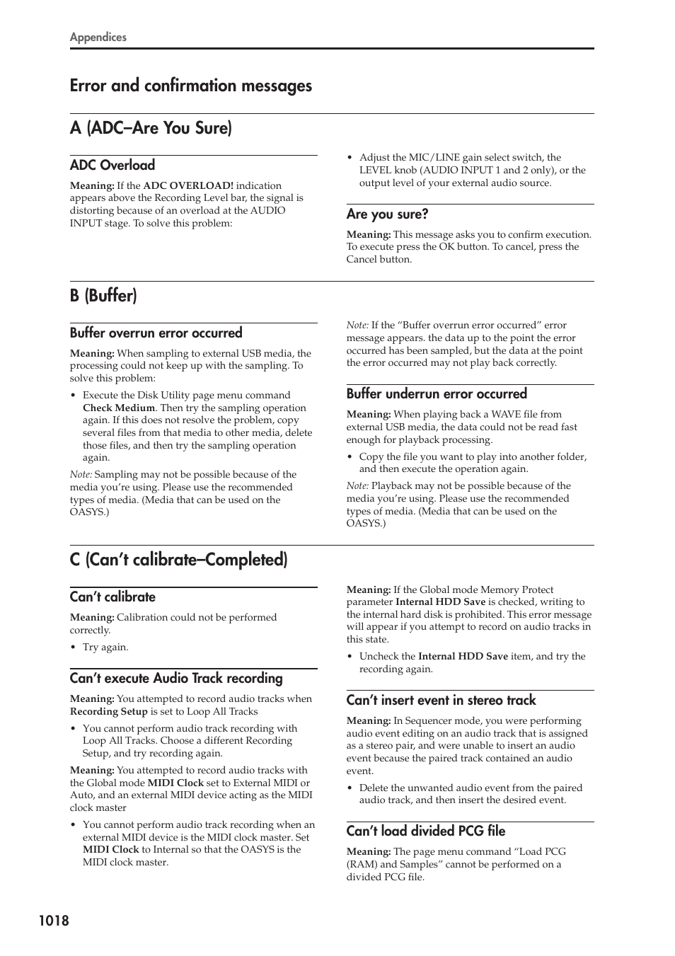 Error and confirmation messages, A (adc-are you sure), Adc overload | Are you sure, B (buffer), Buffer overrun error occurred, Buffer underrun error occurred, C (can't calibrate-completed), Can't calibrate, Can't execute audio track recording | KORG Electronic Keyboard User Manual | Page 1028 / 1127