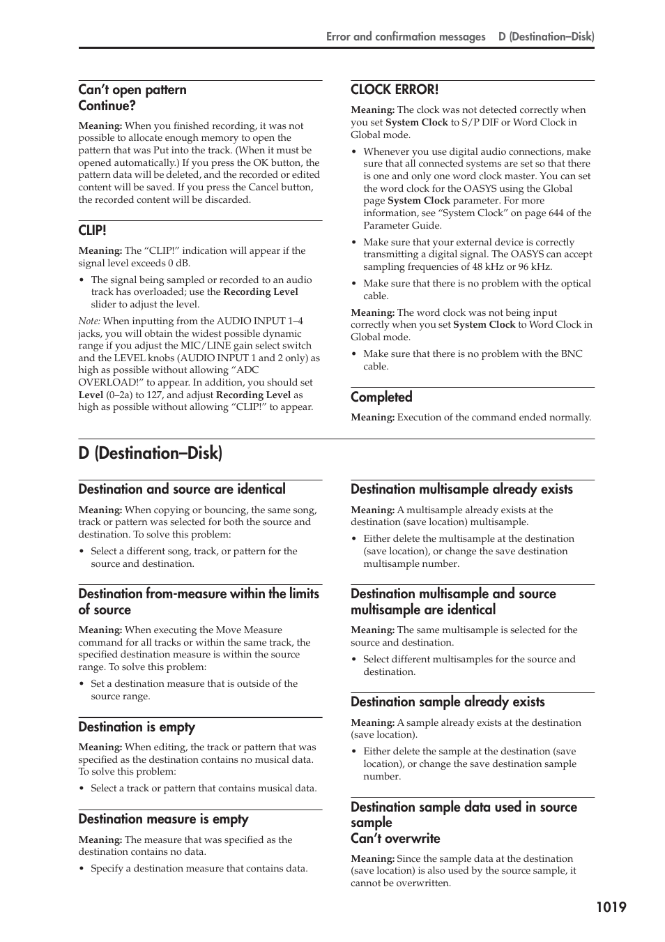 Can't open pattern continue, Clip, Clock error | Completed, D (destination-disk), Destination and source are identical, Destination is empty, Destination measure is empty, Destination multisample already exists, Destination sample already exists | KORG Electronic Keyboard User Manual | Page 1029 / 1127