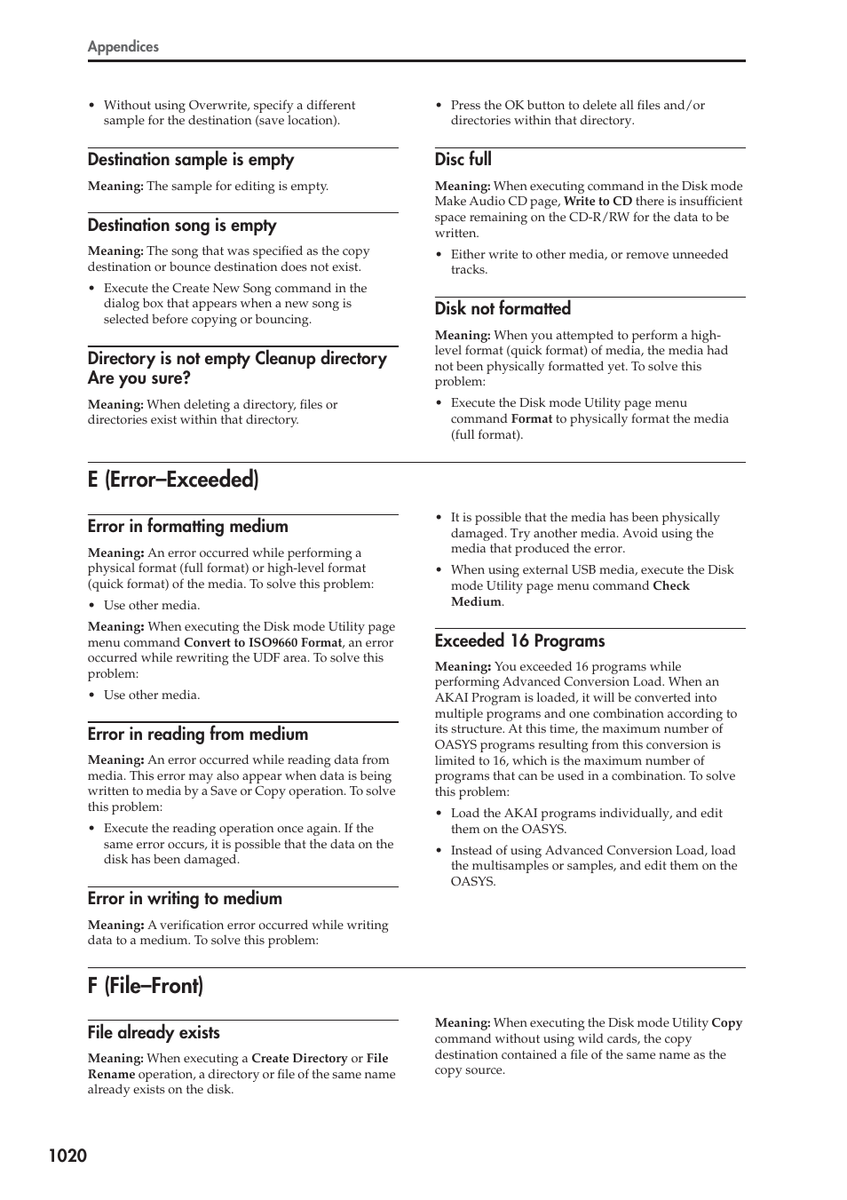 Destination sample is empty, Destination song is empty, Disc full | Disk not formatted, E (error-exceeded), Error in formatting medium, Error in reading from medium, Error in writing to medium, Exceeded 16 programs, F (file-front) | KORG Electronic Keyboard User Manual | Page 1030 / 1127