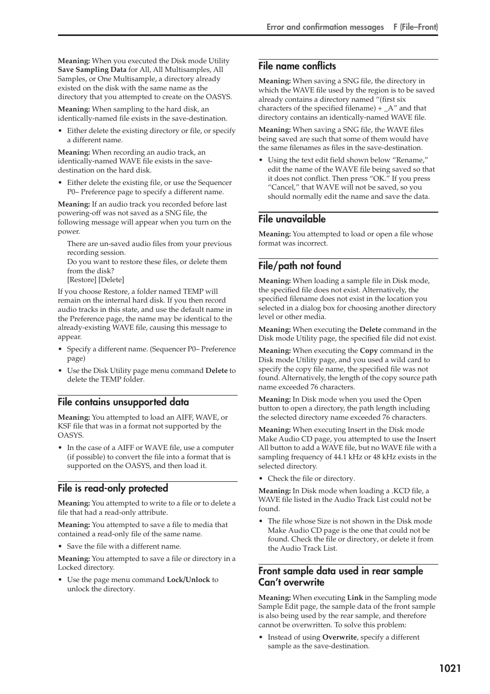File contains unsupported data, File is read-only protected, File name conflicts | File unavailable, File/path not found | KORG Electronic Keyboard User Manual | Page 1031 / 1127