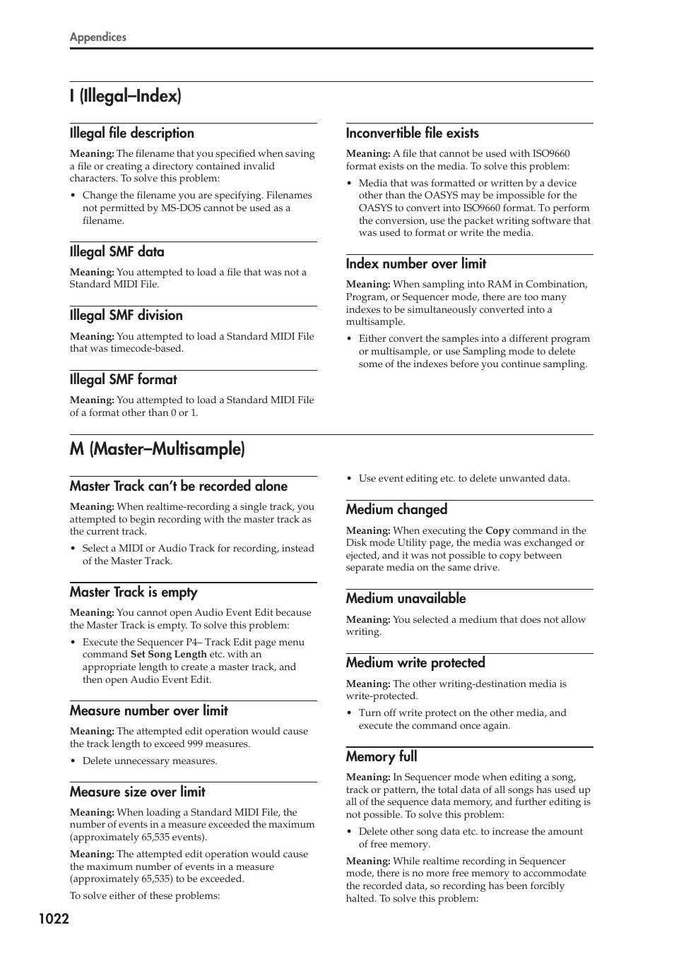 I (illegal-index), Illegal file description, Illegal smf data | Illegal smf division, Illegal smf format, Inconvertible file exists, Index number over limit, M (master-multisample), Master track can't be recorded alone, Master track is empty | KORG Electronic Keyboard User Manual | Page 1032 / 1127