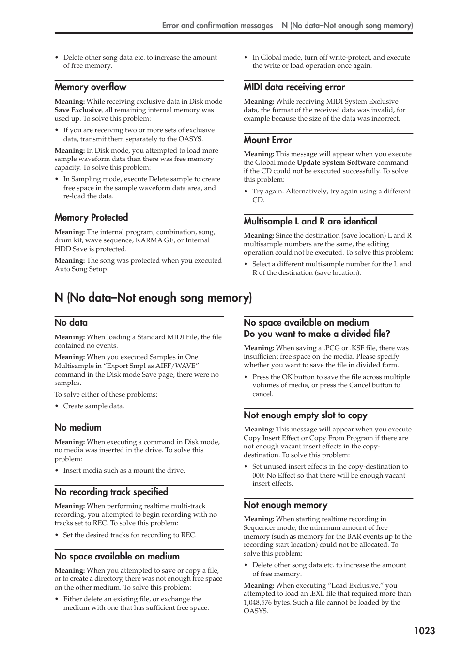 Memory overflow, Memory protected, Midi data receiving error | Mount error, Multisample l and r are identical, N (no data-not enough song memory), No data, No medium, No recording track specified, No space available on medium | KORG Electronic Keyboard User Manual | Page 1033 / 1127