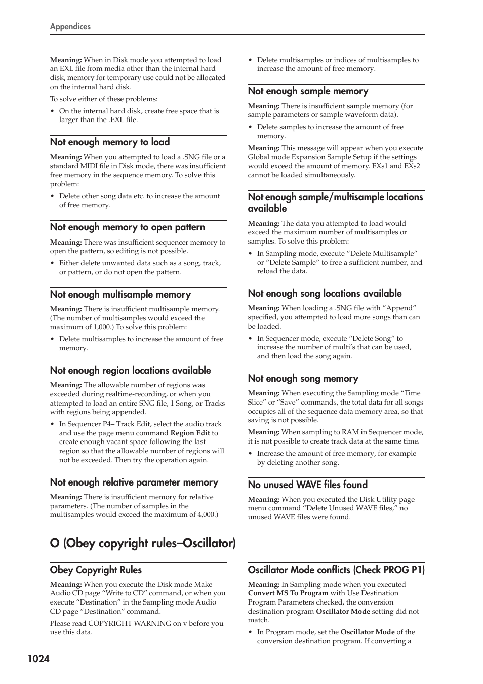 Not enough memory to load, Not enough memory to open pattern, Not enough multisample memory | Not enough region locations available, Not enough relative parameter memory, Not enough sample memory, Not enough sample/multisample locations available, Not enough song locations available, Not enough song memory, No unused wave files found | KORG Electronic Keyboard User Manual | Page 1034 / 1127