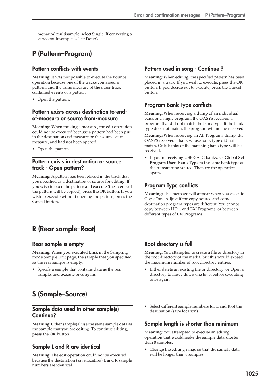 P (pattern-program), Pattern conflicts with events, Pattern used in song - continue | Program bank type conflicts, Program type conflicts, R (rear sample-root), Rear sample is empty, Root directory is full, S (sample-source), Sample data used in other sample(s) continue | KORG Electronic Keyboard User Manual | Page 1035 / 1127