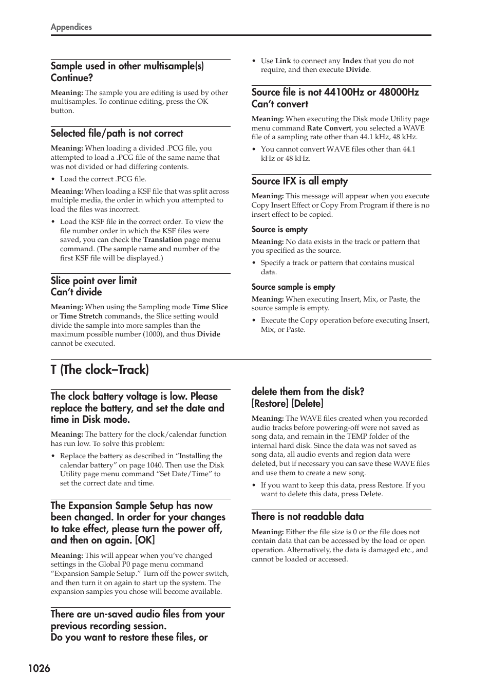 Sample used in other multisample(s) continue, Selected file/path is not correct, Slice point over limit can't divide | Source ifx is all empty, T (the clock-track), There is not readable data, T (the clock–track) 6, T (the clock–track) | KORG Electronic Keyboard User Manual | Page 1036 / 1127