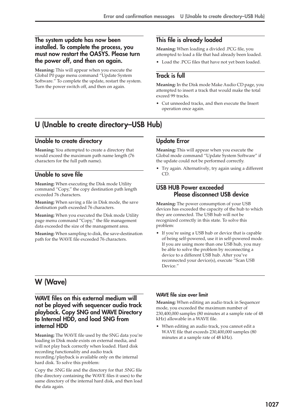 This file is already loaded, Track is full, U (unable to create directory-usb hub) | Unable to create directory, Unable to save file, Update error, W (wave), U (unable to create directory–usb hub) | KORG Electronic Keyboard User Manual | Page 1037 / 1127