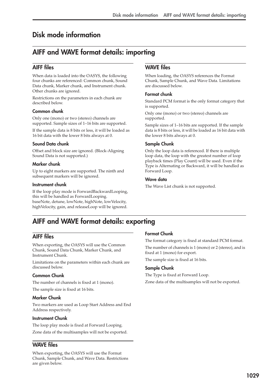 Disk mode information, Aiff and wave format details: importing, Aiff files | Wave files, Aiff and wave format details: exporting, Disk mode information 9 | KORG Electronic Keyboard User Manual | Page 1039 / 1127