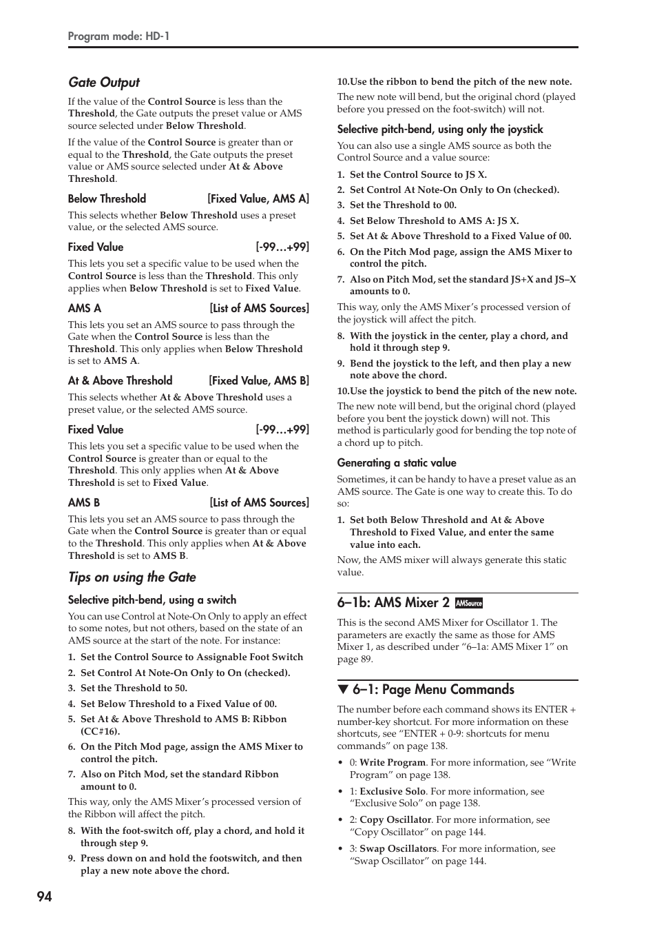 1b: ams mixer 2, 94 gate output, Tips on using the gate | 6–1b: ams mixer 2, 6–1: page menu commands | KORG Electronic Keyboard User Manual | Page 104 / 1127