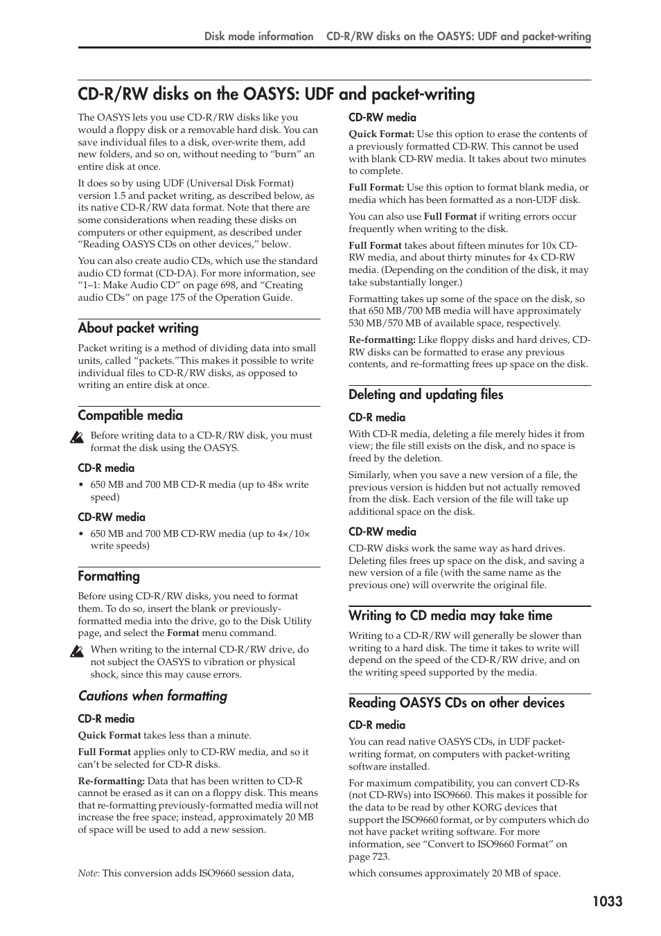 Cd-r/rw disks on the oasys: udf and packet-writing, About packet writing, Compatible media | Formatting, Deleting and updating files, Writing to cd media may take time, Reading oasys cds on other devices, Cautions when formatting | KORG Electronic Keyboard User Manual | Page 1043 / 1127