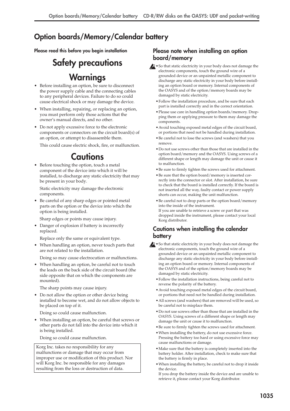 Option boards/memory/calendar battery, Please note when installing an option board/memory, Cautions when installing the calendar battery | Option boards/memory/calendar battery 5, Safety precautions warnings, Cautions | KORG Electronic Keyboard User Manual | Page 1045 / 1127