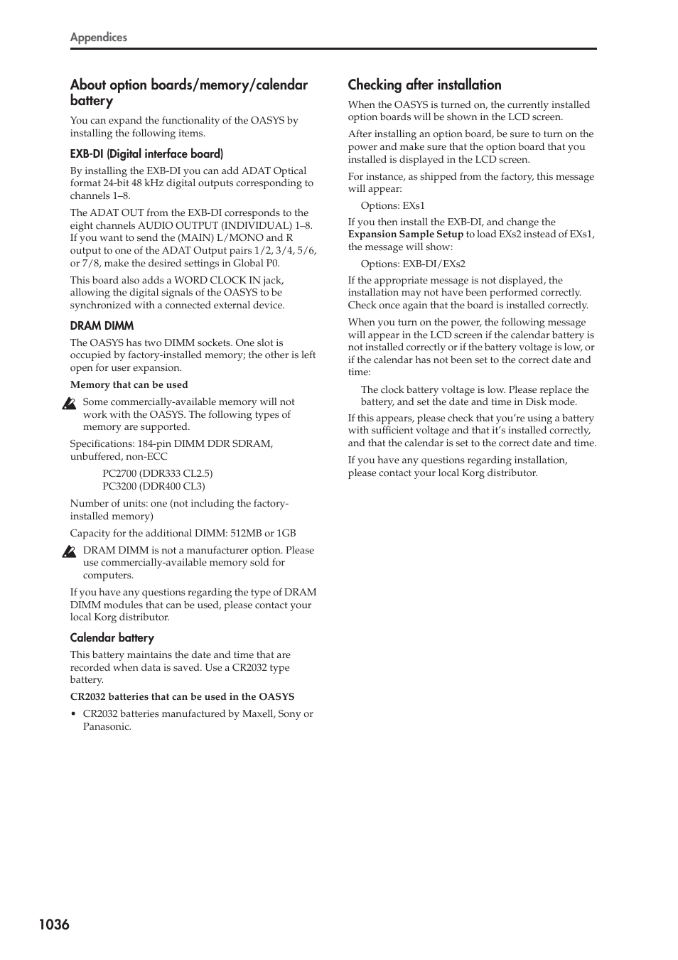 About option boards/memory/calendar battery, Checking after installation | KORG Electronic Keyboard User Manual | Page 1046 / 1127