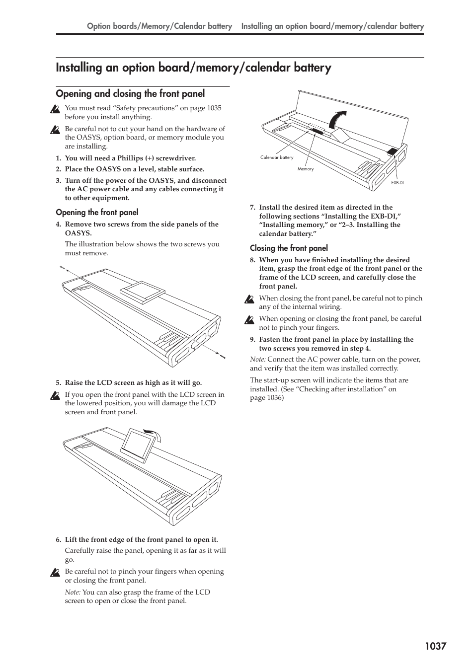 Installing an option board/memory/calendar battery, Opening and closing the front panel | KORG Electronic Keyboard User Manual | Page 1047 / 1127