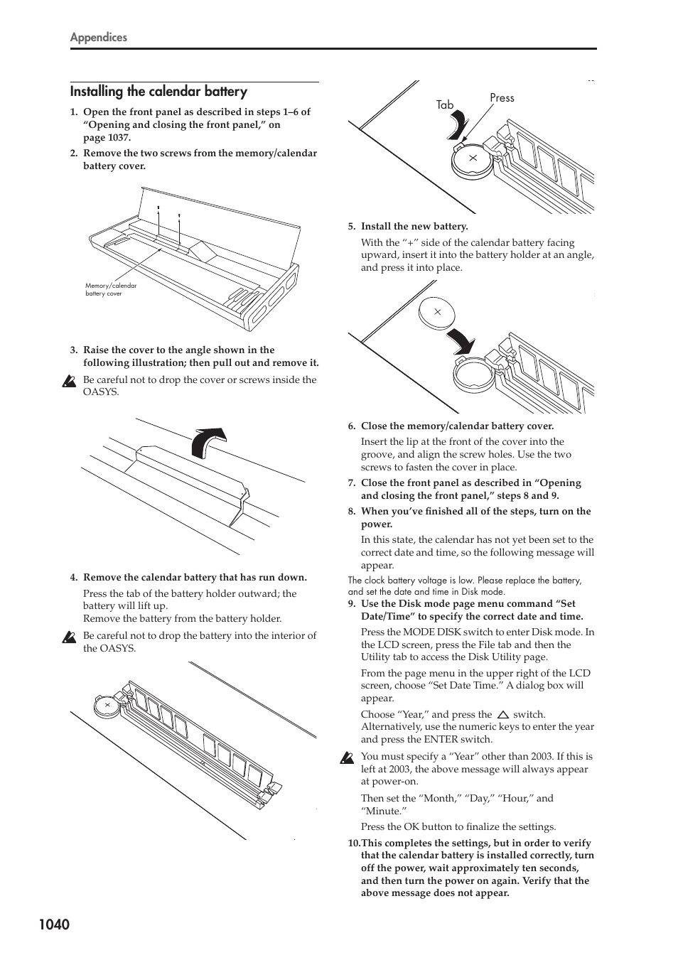 Installing the calendar battery, 1040 installing the calendar battery | KORG Electronic Keyboard User Manual | Page 1050 / 1127