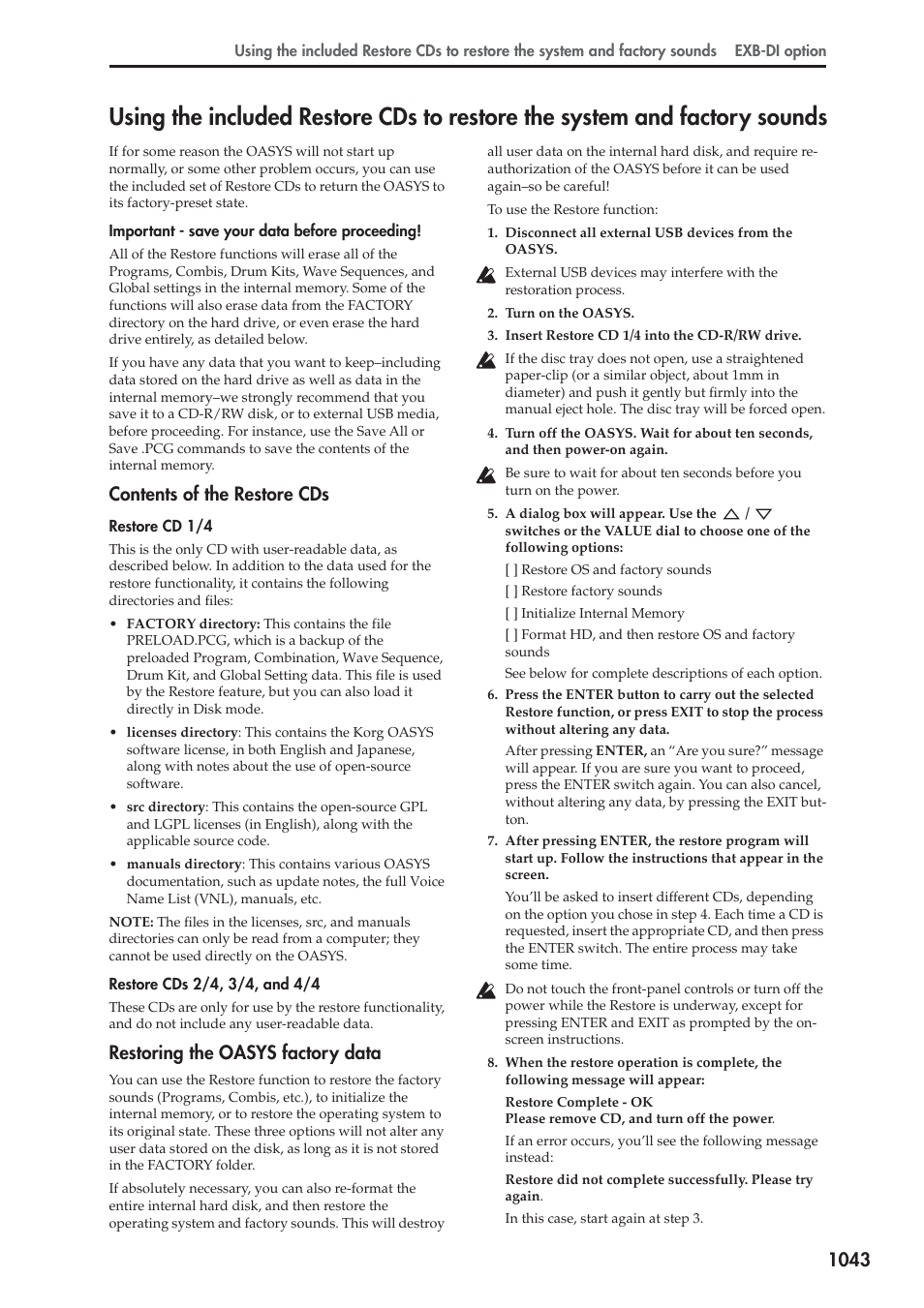 Contents of the restore cds, Restoring the oasys factory data | KORG Electronic Keyboard User Manual | Page 1053 / 1127