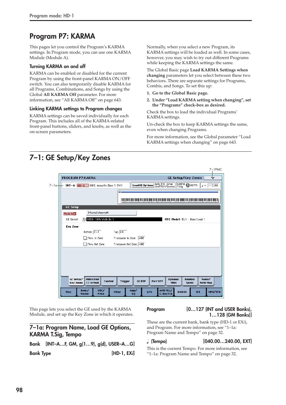 Program p7: karma, 1: ge setup/key zones, 7–1: ge setup/key zones | KORG Electronic Keyboard User Manual | Page 108 / 1127