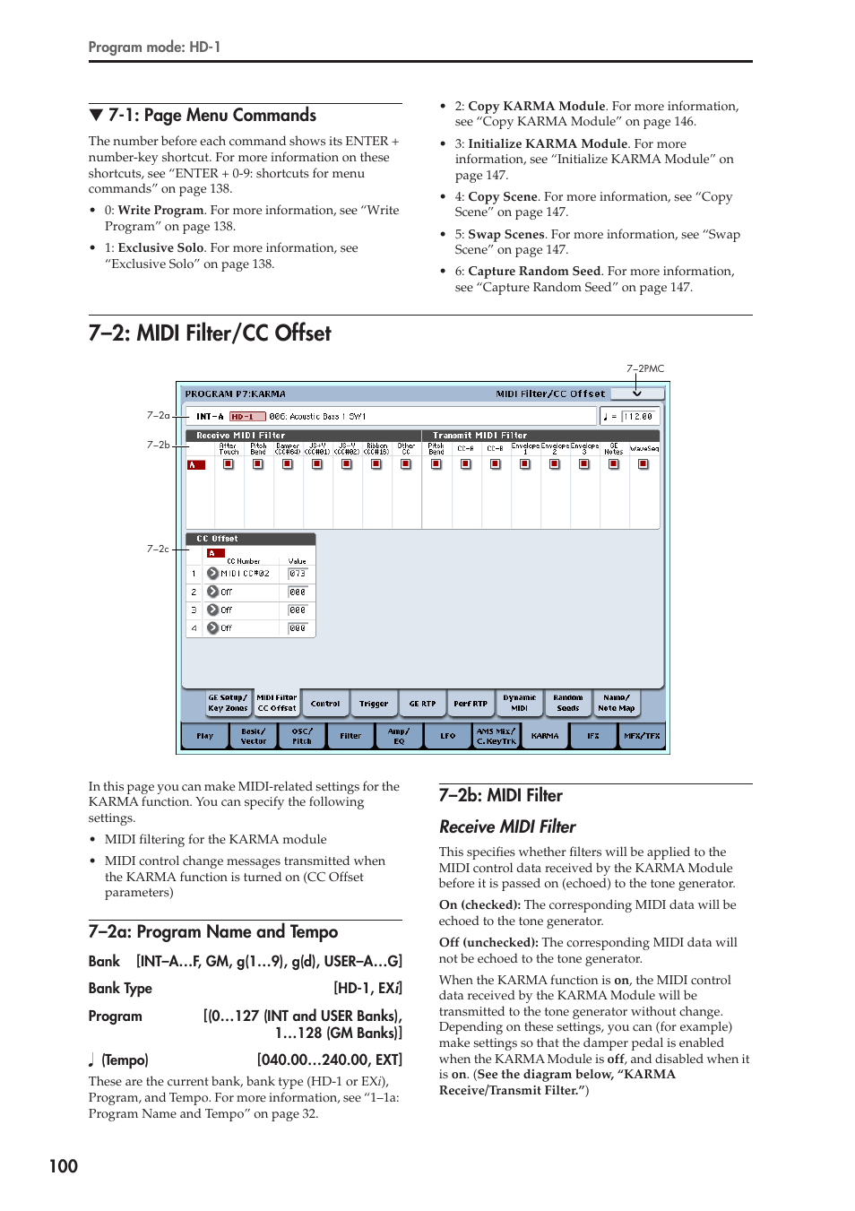 2: midi filter/cc offset, 2a: program name and tempo, 2b: midi filter | 7–2: midi filter/cc offset, 7–2a: program name and tempo, 7–2b: midi filter receive midi filter | KORG Electronic Keyboard User Manual | Page 110 / 1127