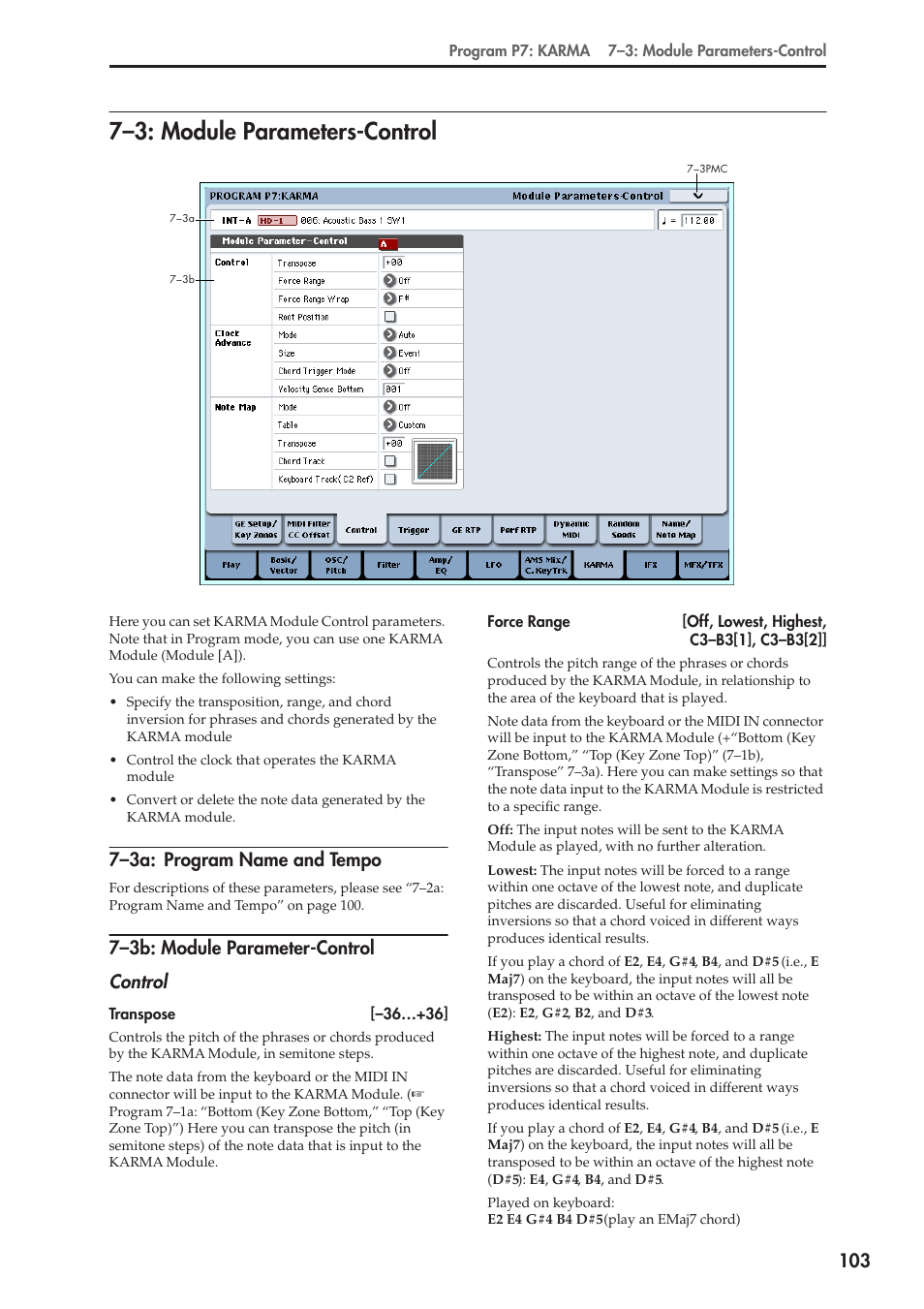 3: module parameters-control, 3a: program name and tempo, 3b: module parameter-control | 7–3: module parameters-control, See “transpose, 7–3a: program name and tempo, 7–3b: module parameter-control control | KORG Electronic Keyboard User Manual | Page 113 / 1127