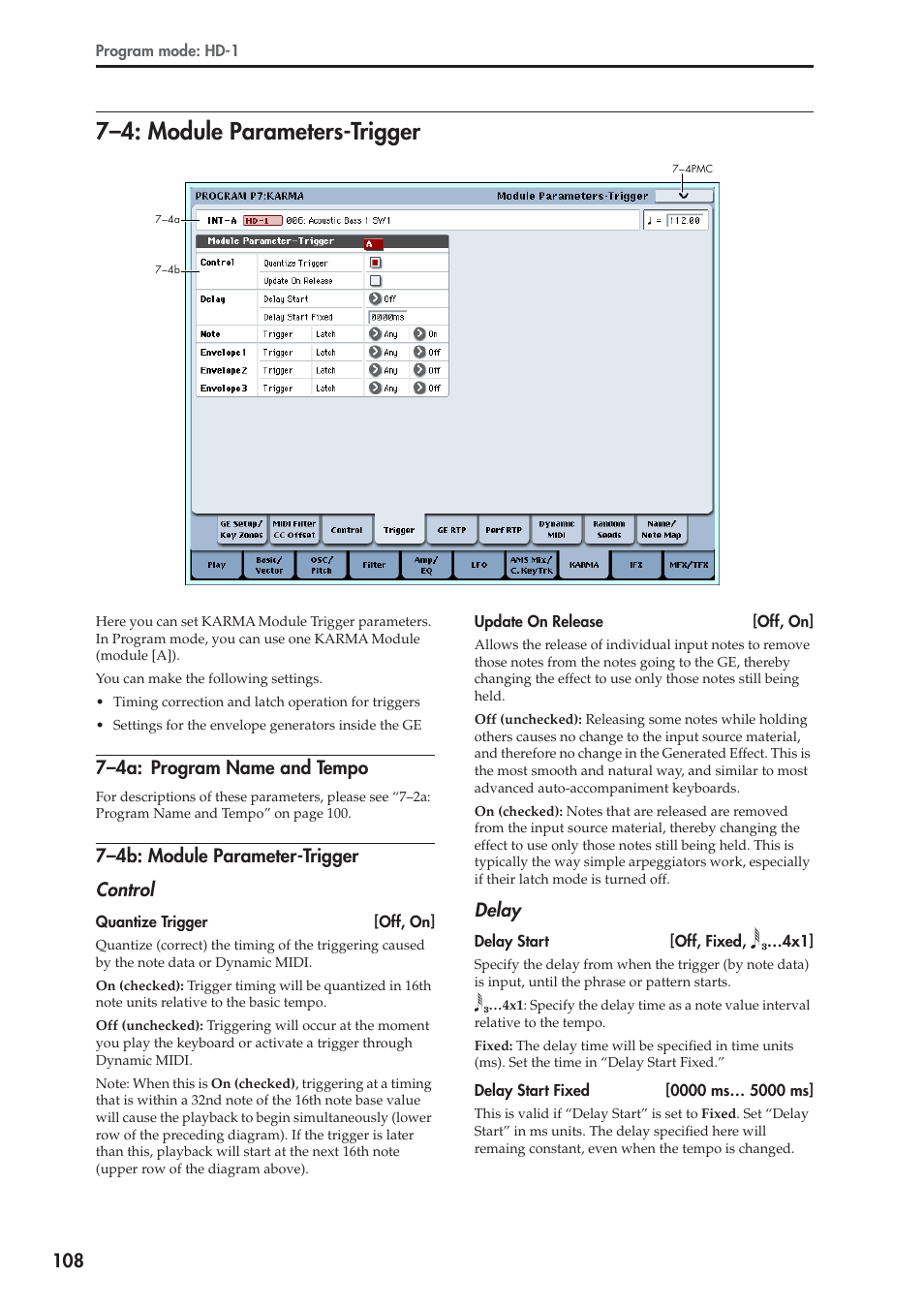 4: module parameters-trigger, 4a: program name and tempo, 4b: module parameter-trigger | 7–4: module parameters-trigger, 7–4a: program name and tempo, 7–4b: module parameter-trigger control, Delay | KORG Electronic Keyboard User Manual | Page 118 / 1127