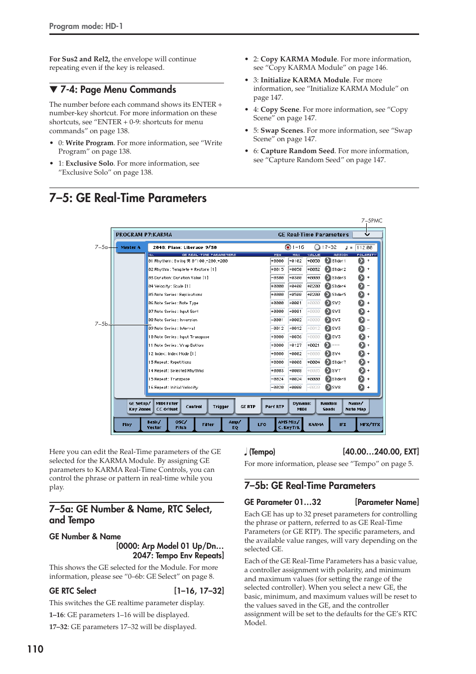 5: ge real-time parameters, 5a: ge number & name, rtc select, and tempo, 5b: ge real-time parameters | 7–5: ge real-time parameters, 4: page menu commands, 7–5a: ge number & name, rtc select, and tempo, 7–5b: ge real-time parameters | KORG Electronic Keyboard User Manual | Page 120 / 1127