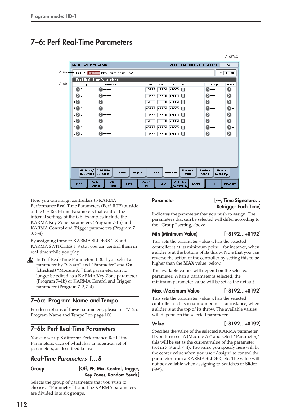 6: perf real-time parameters, 6a: program name and tempo, 6b: perf real-time parameters | 7–6: perf real-time parameters, 7–6a: program name and tempo, 7–6b: perf real-time parameters, Real-time parameters 1…8 | KORG Electronic Keyboard User Manual | Page 122 / 1127