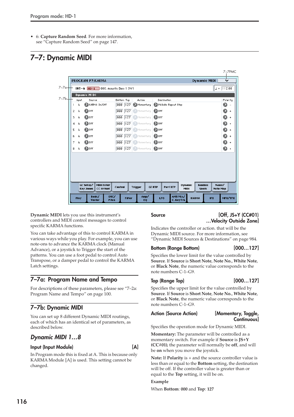 7: dynamic midi, 7a: program name and tempo, 7b: dynamic midi | 7–7: dynamic midi, 7–7a: program name and tempo, 7–7b: dynamic midi, Dynamic midi 1…8 | KORG Electronic Keyboard User Manual | Page 126 / 1127