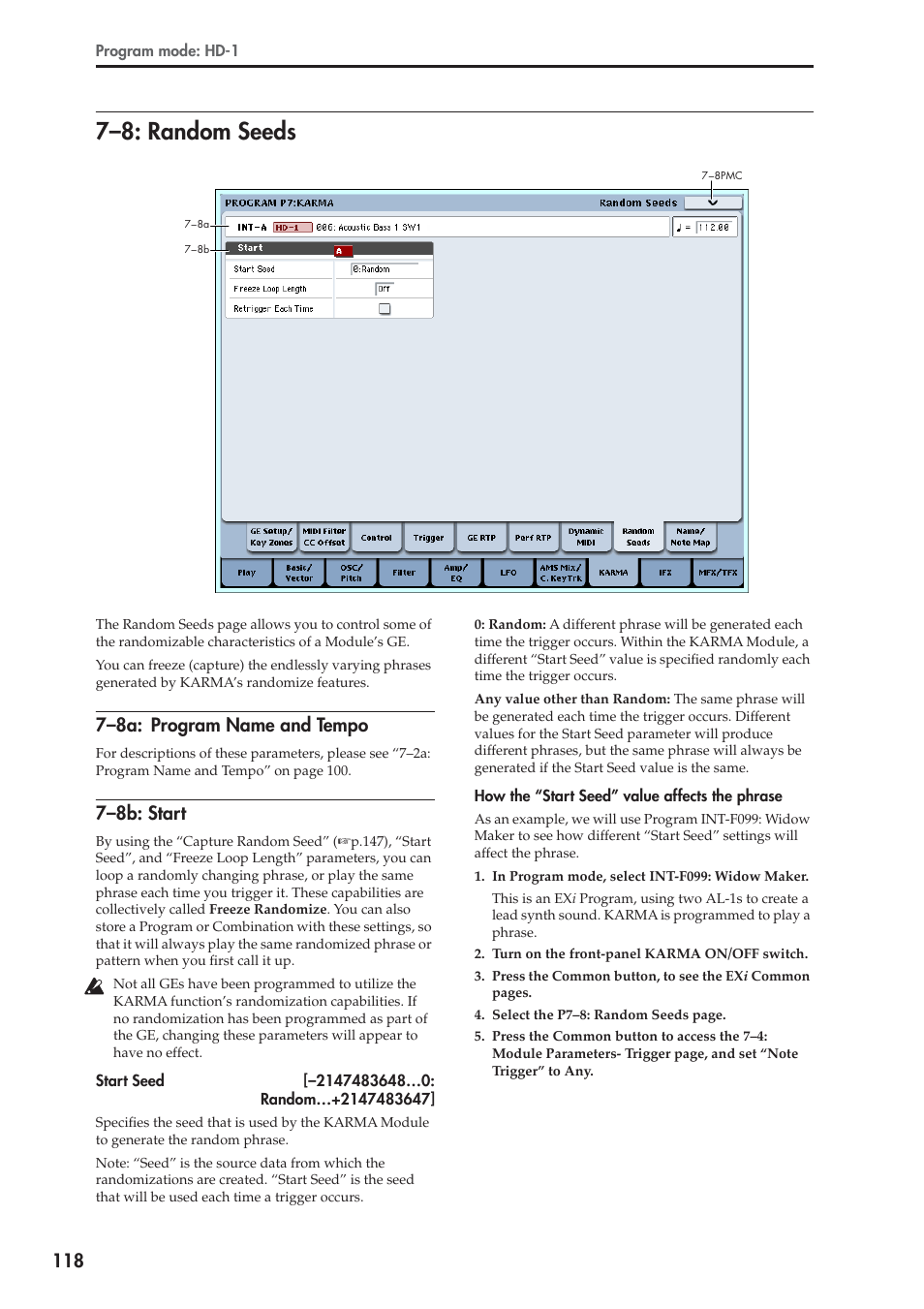 8: random seeds, 8a: program name and tempo, 8b: start | 7–8: random seeds, 7–8a: program name and tempo, 7–8b: start | KORG Electronic Keyboard User Manual | Page 128 / 1127