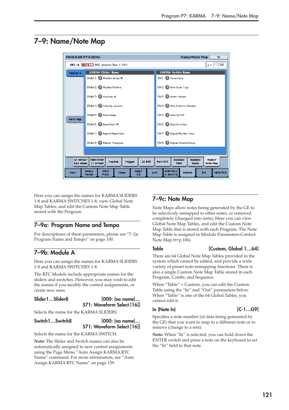 9: name/note map, 9a: program name and tempo, 9b: module a | 9c: note map, 7–9: name/note map | KORG Electronic Keyboard User Manual | Page 131 / 1127
