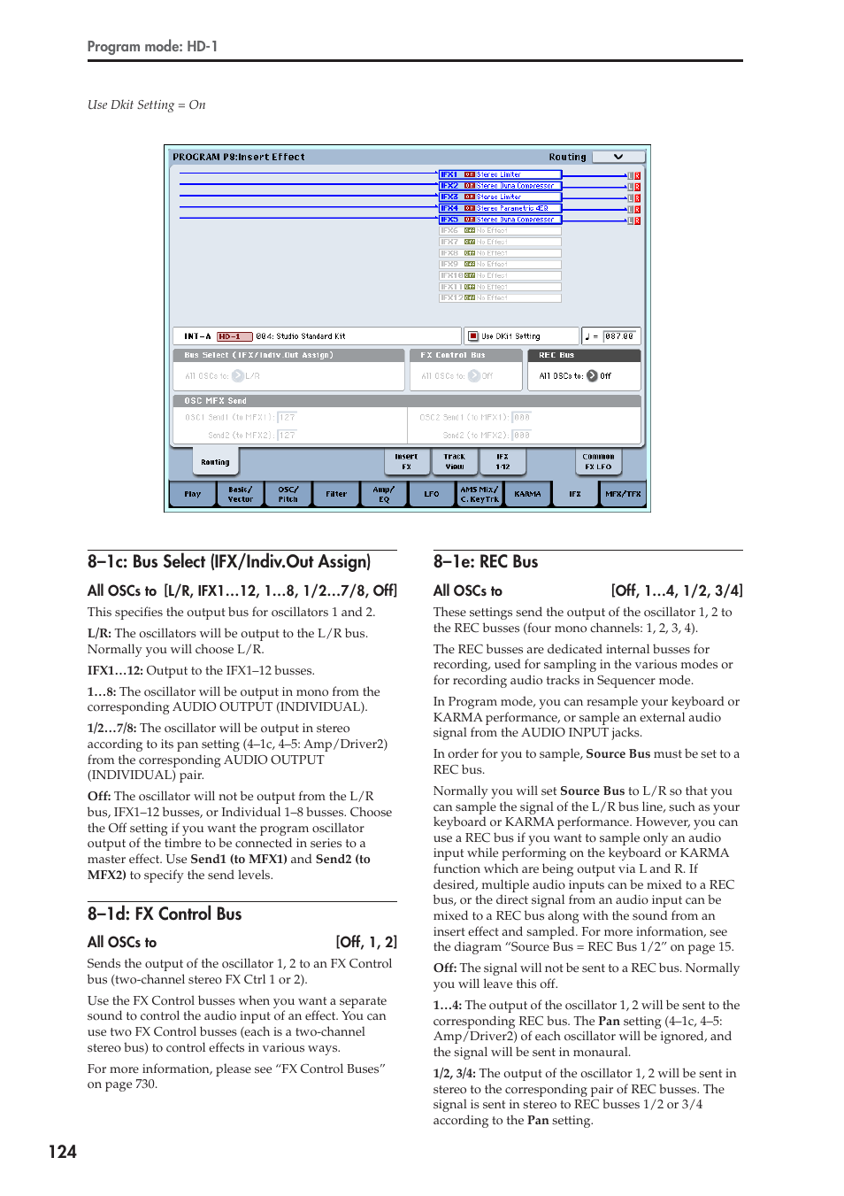 1c: bus select (ifx/indiv.out assign), 1d: fx control bus, 1e: rec bus | 8–1c: bus select (ifx/indiv.out assign), 8–1d: fx control bus, 8–1e: rec bus | KORG Electronic Keyboard User Manual | Page 134 / 1127