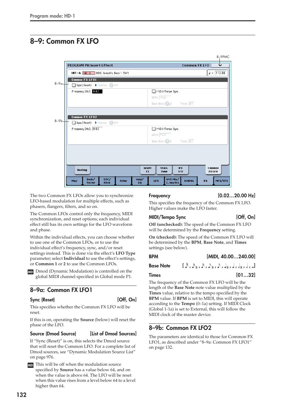 9: common fx lfo, 9a: common fx lfo1, 9b: common fx lfo2 | 8–9: common fx lfo, 8–9a: common fx lfo1, 8–9b: common fx lfo2 | KORG Electronic Keyboard User Manual | Page 142 / 1127