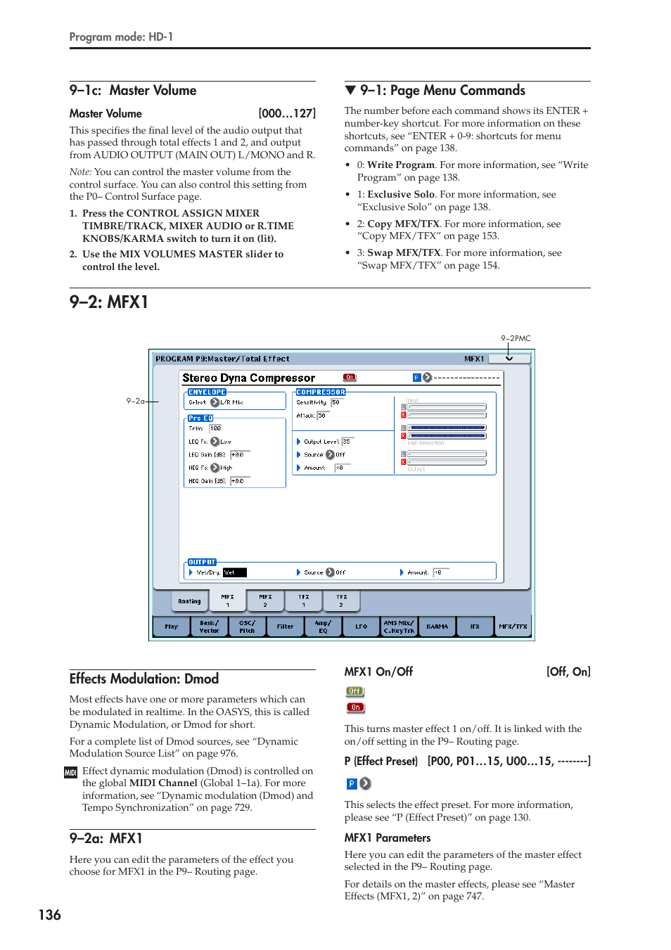 1c: master volume, 2: mfx1, Effects modulation: dmod | 2a: mfx1, 9–2: mfx1, 9–1: page menu commands, 9–2a: mfx1 | KORG Electronic Keyboard User Manual | Page 146 / 1127