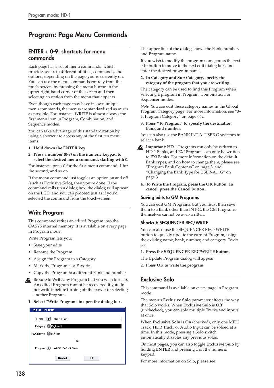 Enter + 0-9: shortcuts for menu commands, Write program, Exclusive solo | For more information, see “write, Program: page menu commands | KORG Electronic Keyboard User Manual | Page 148 / 1127