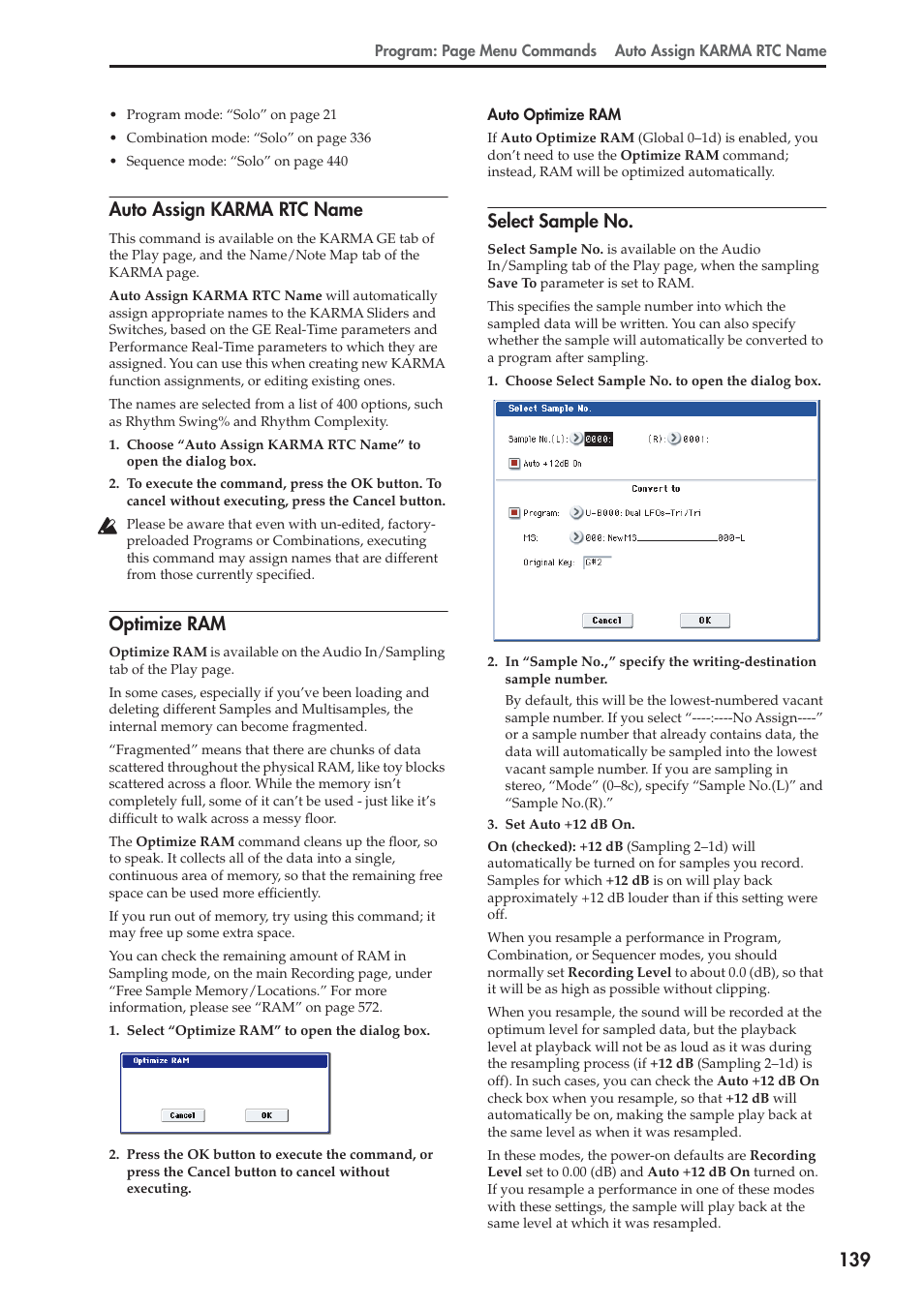 Auto assign karma rtc name, Optimize ram, Select sample no | KORG Electronic Keyboard User Manual | Page 149 / 1127