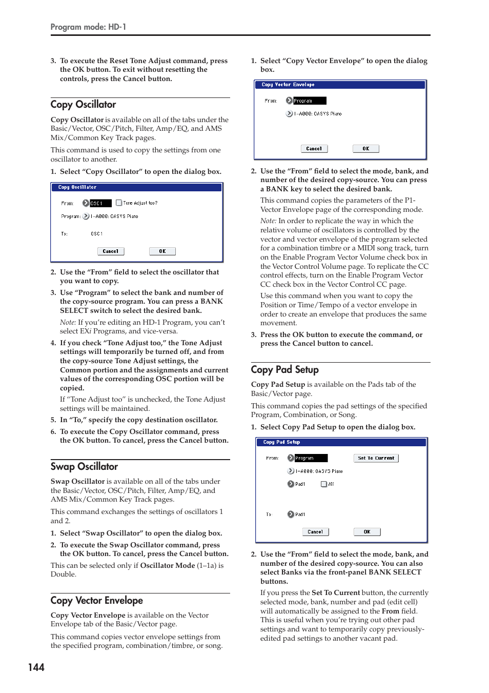 Copy oscillator, Swap oscillator, Copy vector envelope | Copy pad setup | KORG Electronic Keyboard User Manual | Page 154 / 1127