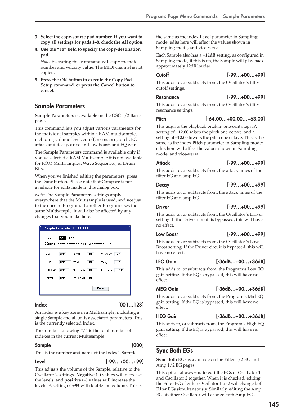 Sample parameters, Sync both egs, For more information, see “sync | KORG Electronic Keyboard User Manual | Page 155 / 1127