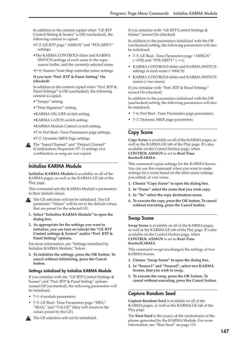 Initialize karma module, Copy scene, Swap scene | Capture random seed, For more information, see “copy, For more information, see “swap | KORG Electronic Keyboard User Manual | Page 157 / 1127