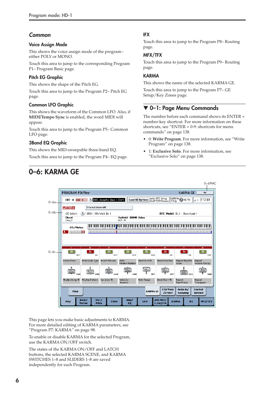 6: karma ge, 0–6: karma ge, 6common | 0–1: page menu commands | KORG Electronic Keyboard User Manual | Page 16 / 1127