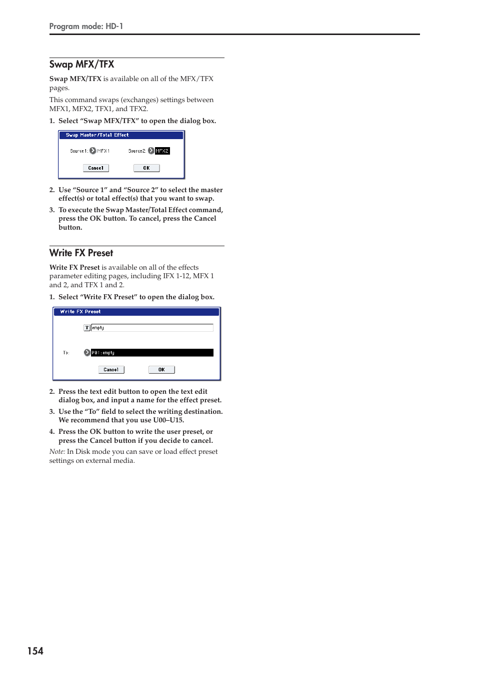 Swap mfx/tfx, Write fx preset, 154 swap mfx/tfx | KORG Electronic Keyboard User Manual | Page 164 / 1127