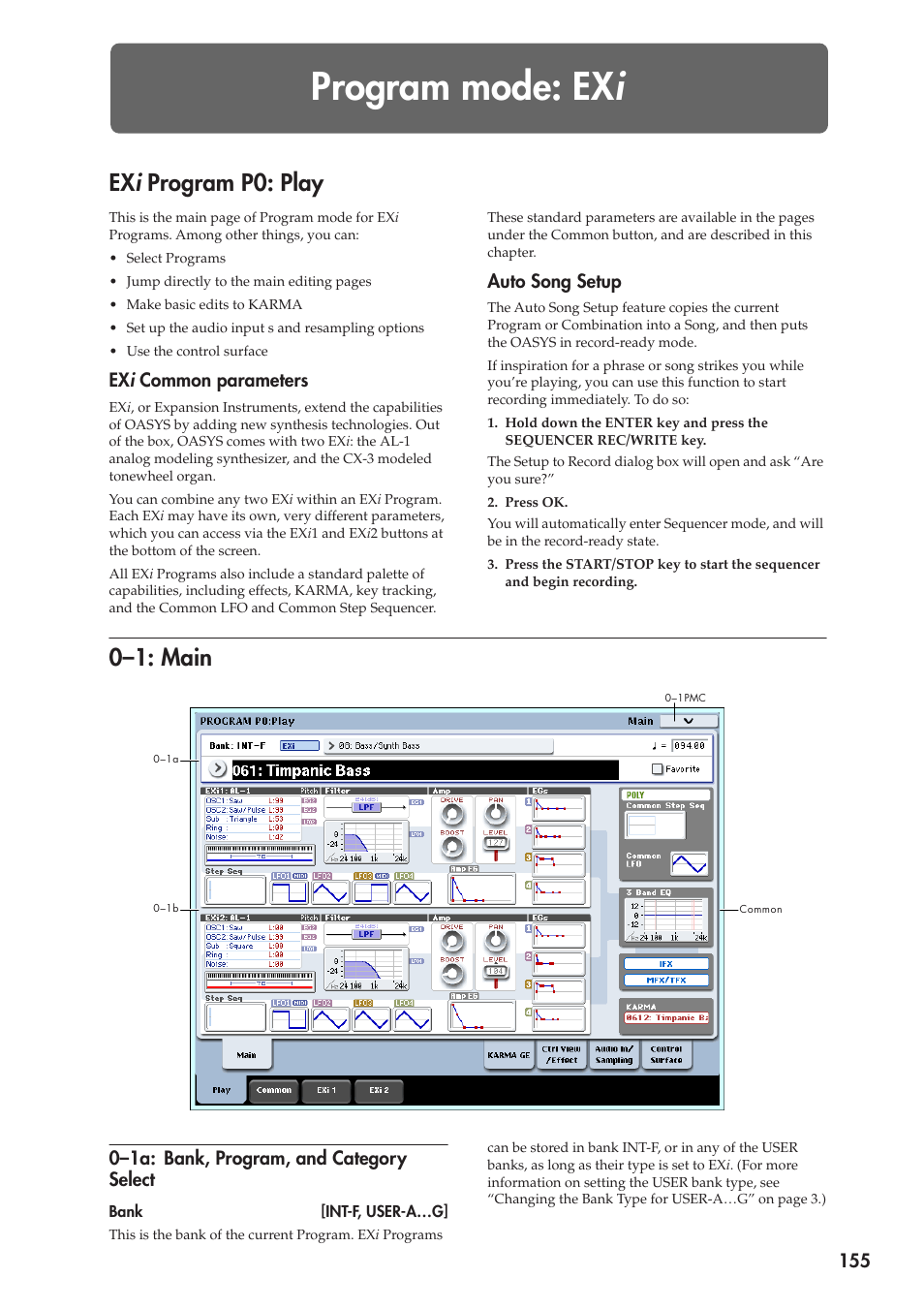 Program mode: exi, Exi program p0: play, Exi common parameters | Auto song setup, 1: main, 1a: bank, program, and category select, Program mode: ex, Program p0: play, 0–1: main, Program mode: ex i | KORG Electronic Keyboard User Manual | Page 165 / 1127