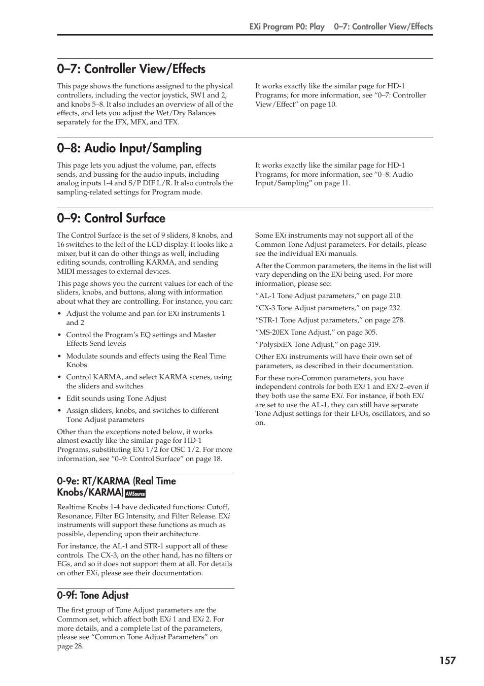 7: controller view/effects, 8: audio input/sampling, 9: control surface | 9e: rt/karma (real time knobs/karma), 9f: tone adjust, 0–7: controller view/effects, 0–8: audio input/sampling, 0–9: control surface | KORG Electronic Keyboard User Manual | Page 167 / 1127