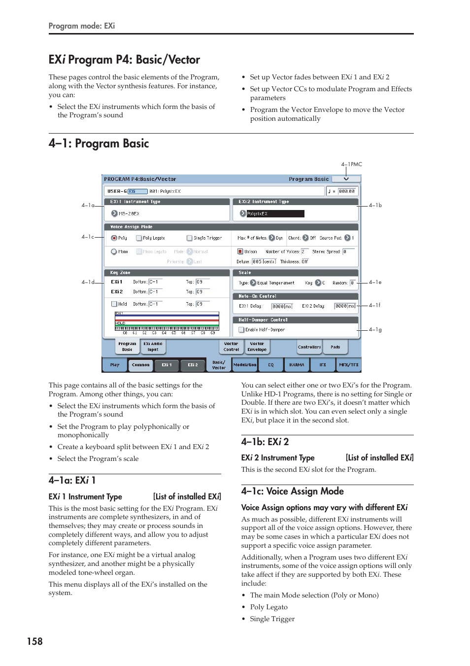 Exi program p4: basic/vector, 1: program basic, 1a: exi 1 | 1b: exi 2, 1c: voice assign mode, Program p4: basic/vector, 4–1: program basic, Ex i program p4: basic/vector, 4–1a: ex i 1, 4–1b: ex i 2 | KORG Electronic Keyboard User Manual | Page 168 / 1127